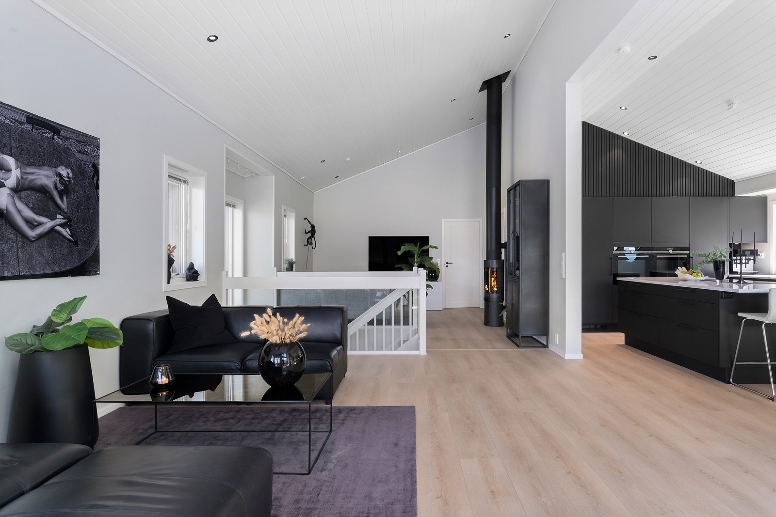 Stuen har ellers god plass til sittegrupper i flertall med tv på bortsiden av trappen og en fredfull sittegruppe til hvile mot vest. Galleribilde