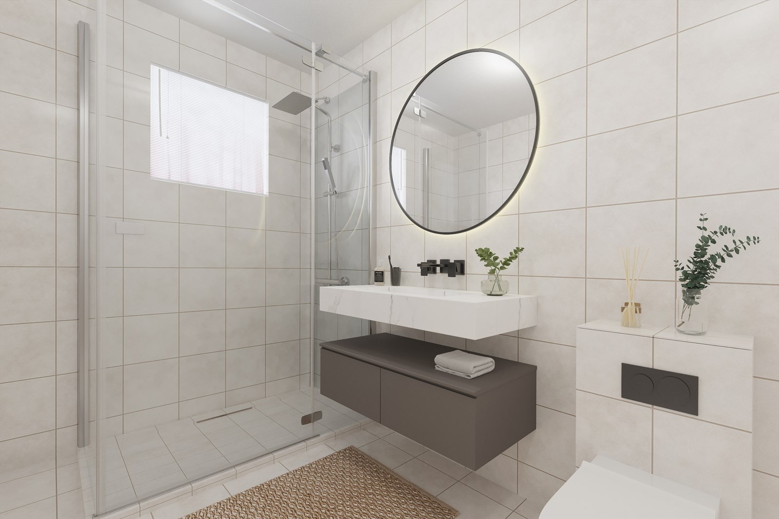 Illustrasjon av mulig løsning for badet. Her er det rom for å skape et moderne og delikat baderom. Galleribilde