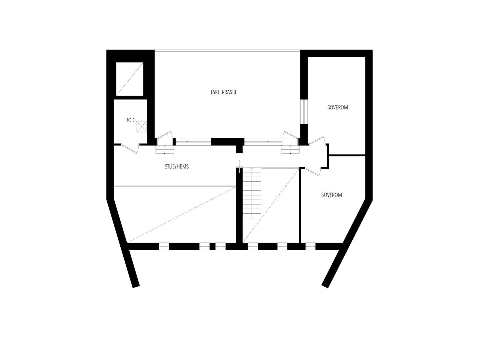 Plantegning 5 etasje. "Hems/stue" er i orginale plantegninger definert som "mezzanin". Galleribilde