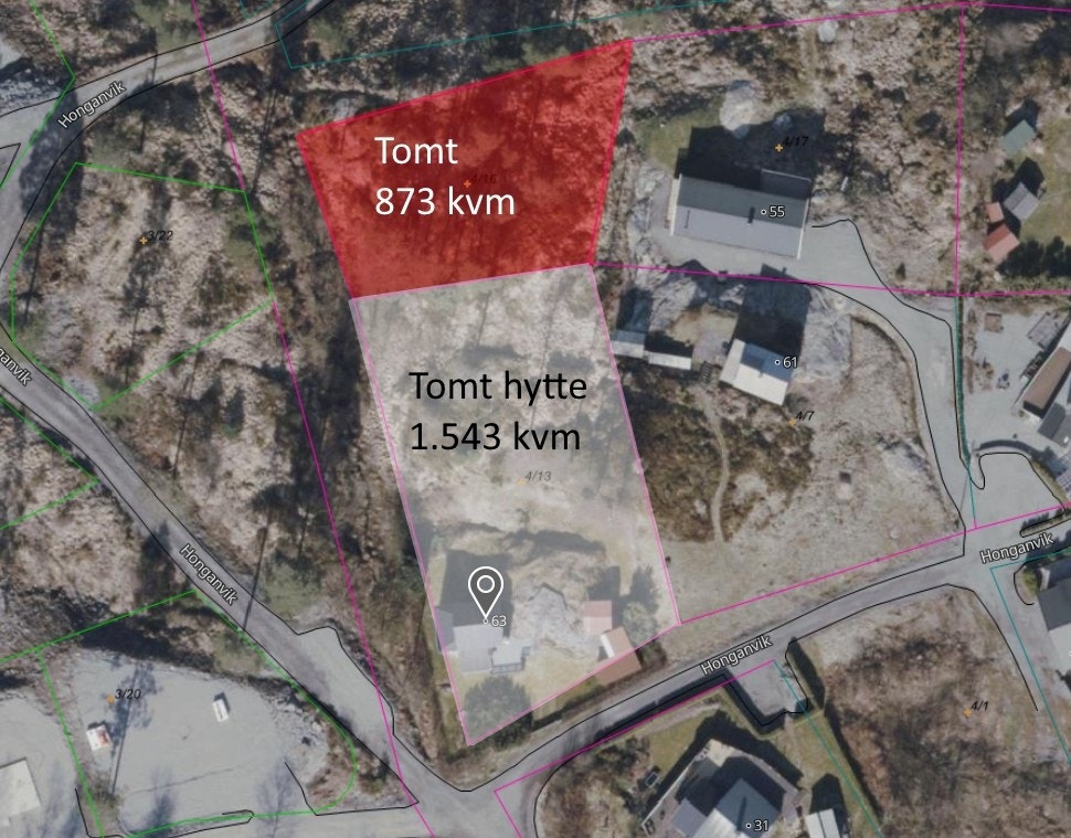 Oversikt tomt. Tomt merket rødt kan kjøpes utenom. Merket grenser er unøyaktige Galleribilde