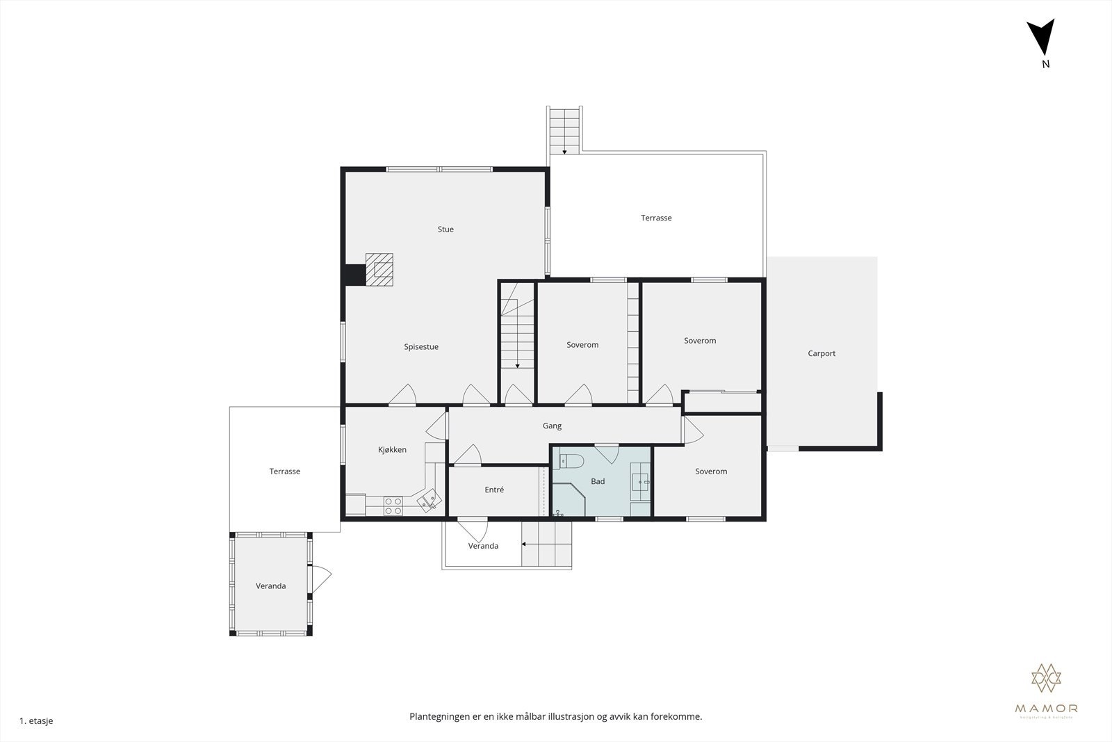 Planskisse (veranda i venstre hjørne er drivhuset). Galleribilde