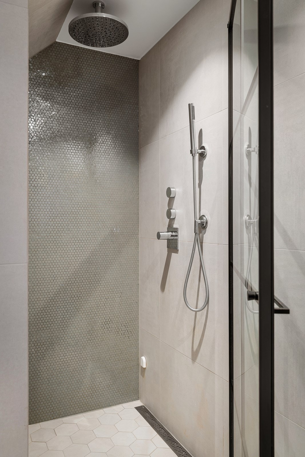Egen romslig dusjnisje med innebygget hylle, glassdør og integrert dusjsett med vegghengt hånddusj og rainshower i tak Galleribilde