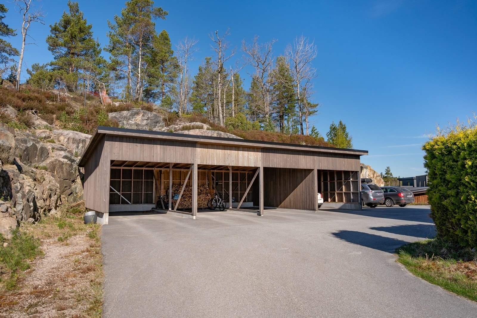 Asfaltert adkomst og parkering, carport i rekke. Galleribilde