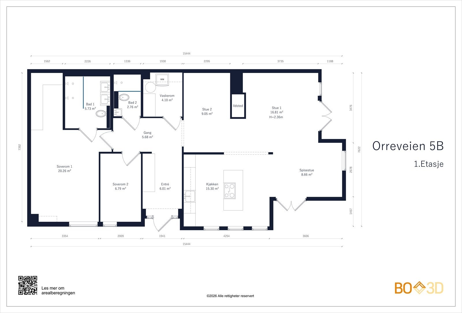 1. etasje, BRA-i 106 m²: Entré, hall, stue, TV-stueavdeling, spisestue, kjøkken, to bad/wc, vaskerom og to soverom (stort hovedsoverom med walk-in garderobe). Fra stuedelen er det to utganger til terreng/hage Galleribilde