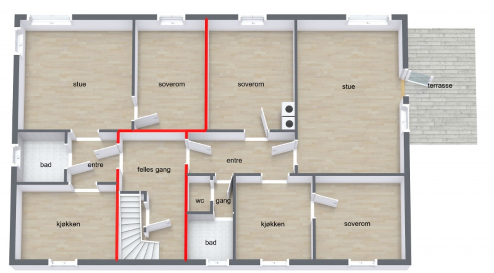 1.etg. er innredet med 2 leiligheter. Galleribilde