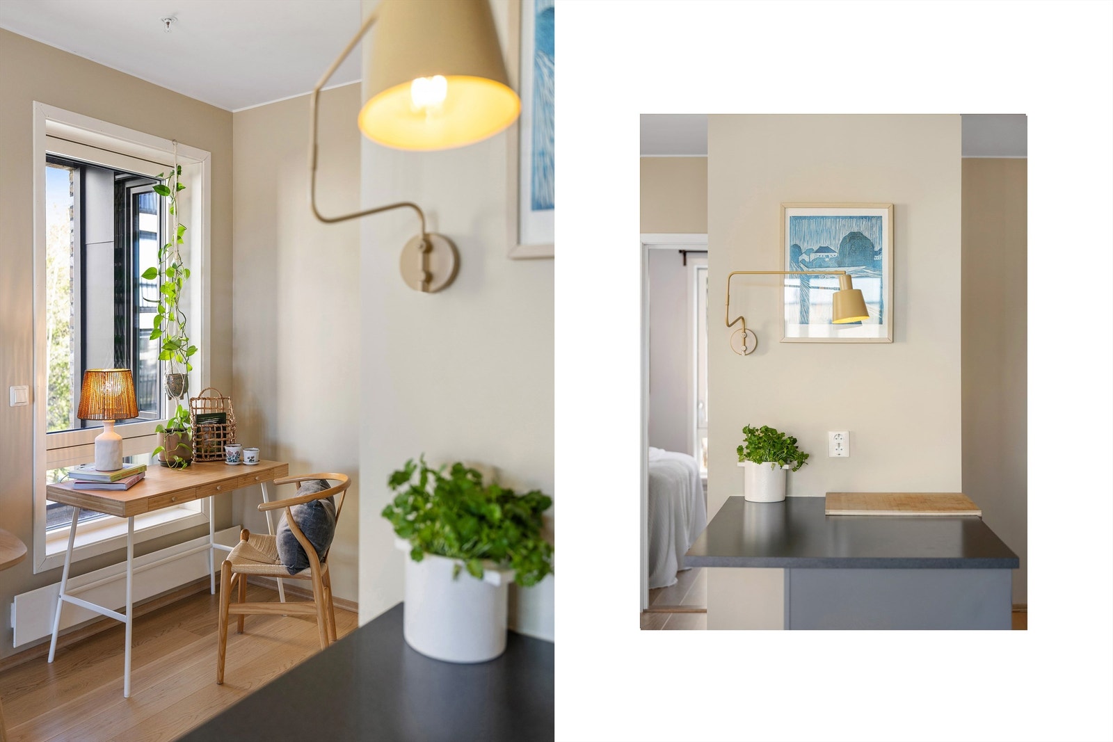 Leiligheten byr på flere smarte løsninger og soner, som denne praktiske arbeidsplassen ved stuen. Galleribilde