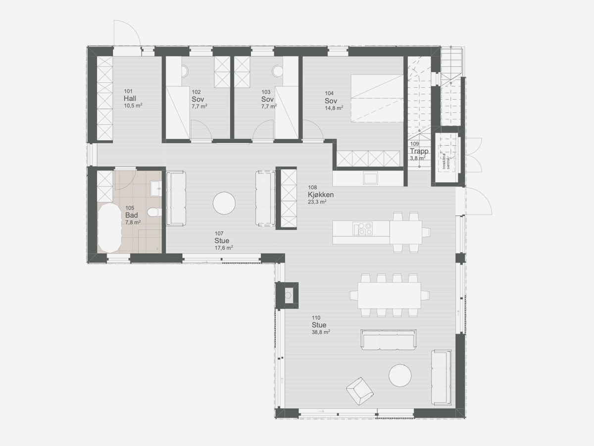 Planløsning 1. etasje. Bolig over 2 plan. Galleribilde