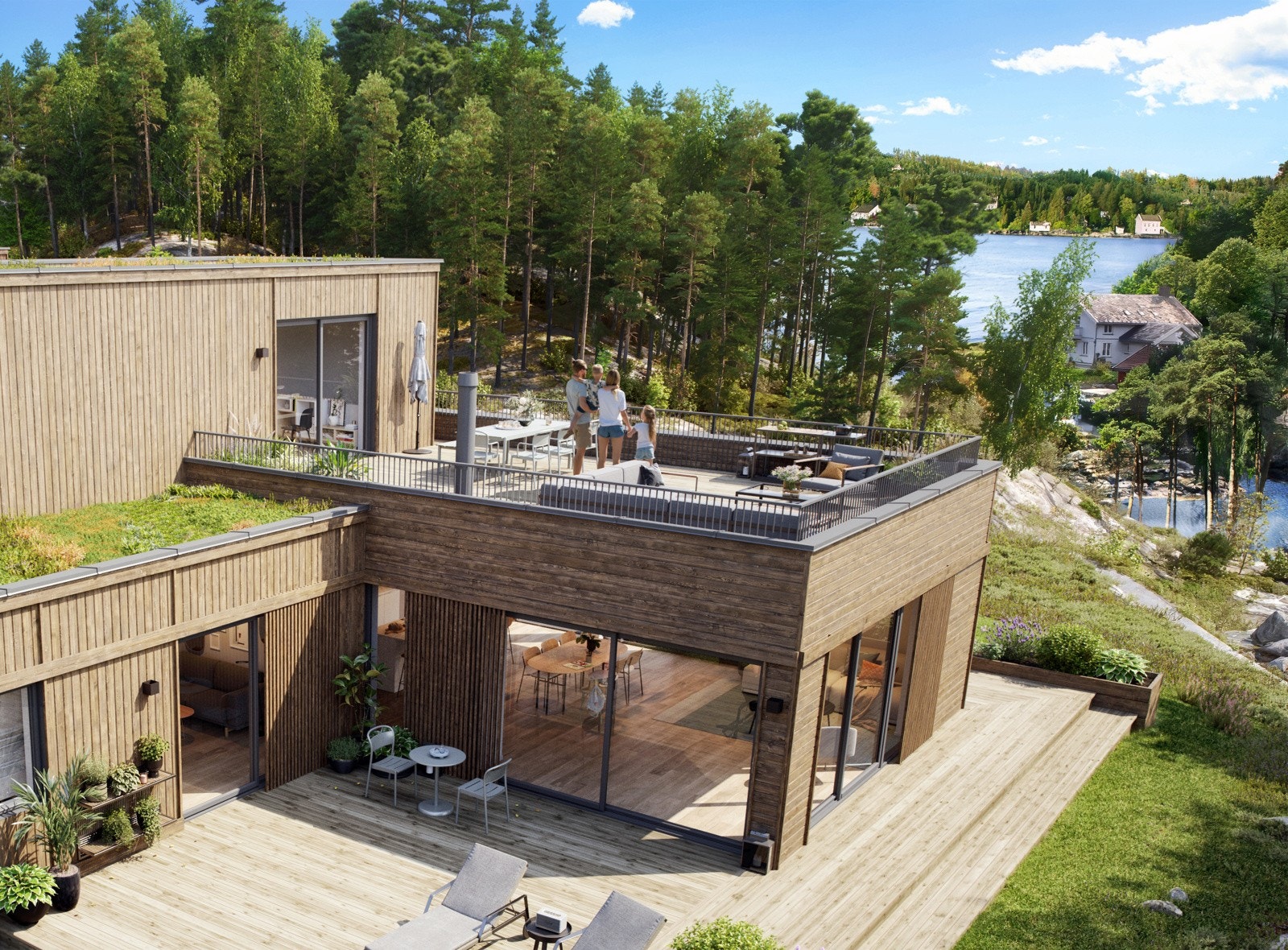 Boligene bygger over ett, eller to plan og har mulighet for hybel. Eksklusive kvaliteter og en vakker utsikt til sjøen preger dette prosjektet. Illustrasjon. Galleribilde