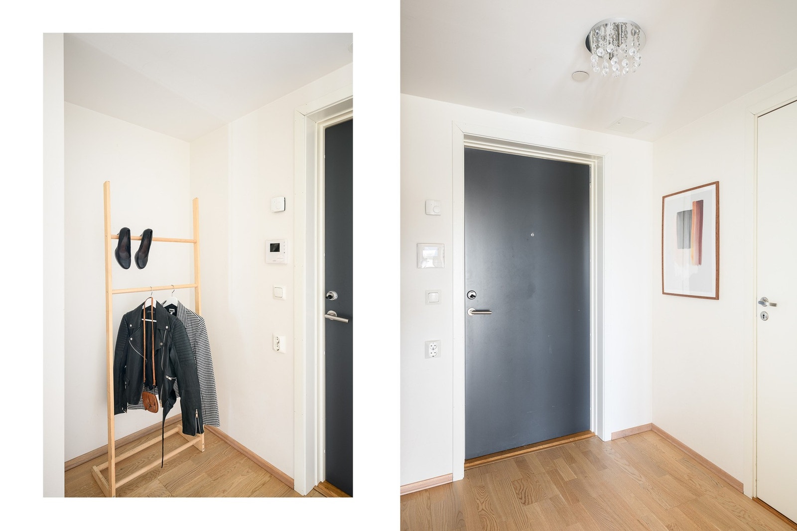 En inviterende entré som ønsker deg velkommen hjem, med god plass til å organisere yttertøy og sko. Galleribilde