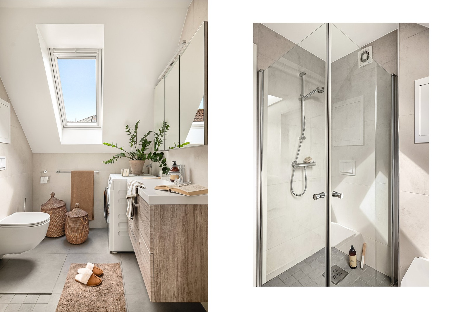 - Badet fremstår delikat med flislagte gulv og vegger, innfelte spotter og opplegg for vaskemaskin - Galleribilde