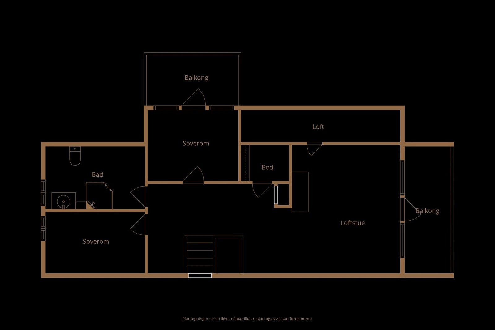 2. etasje: Bad, soverom, gang, bod, loft, loftstue og to balkonger. Galleribilde