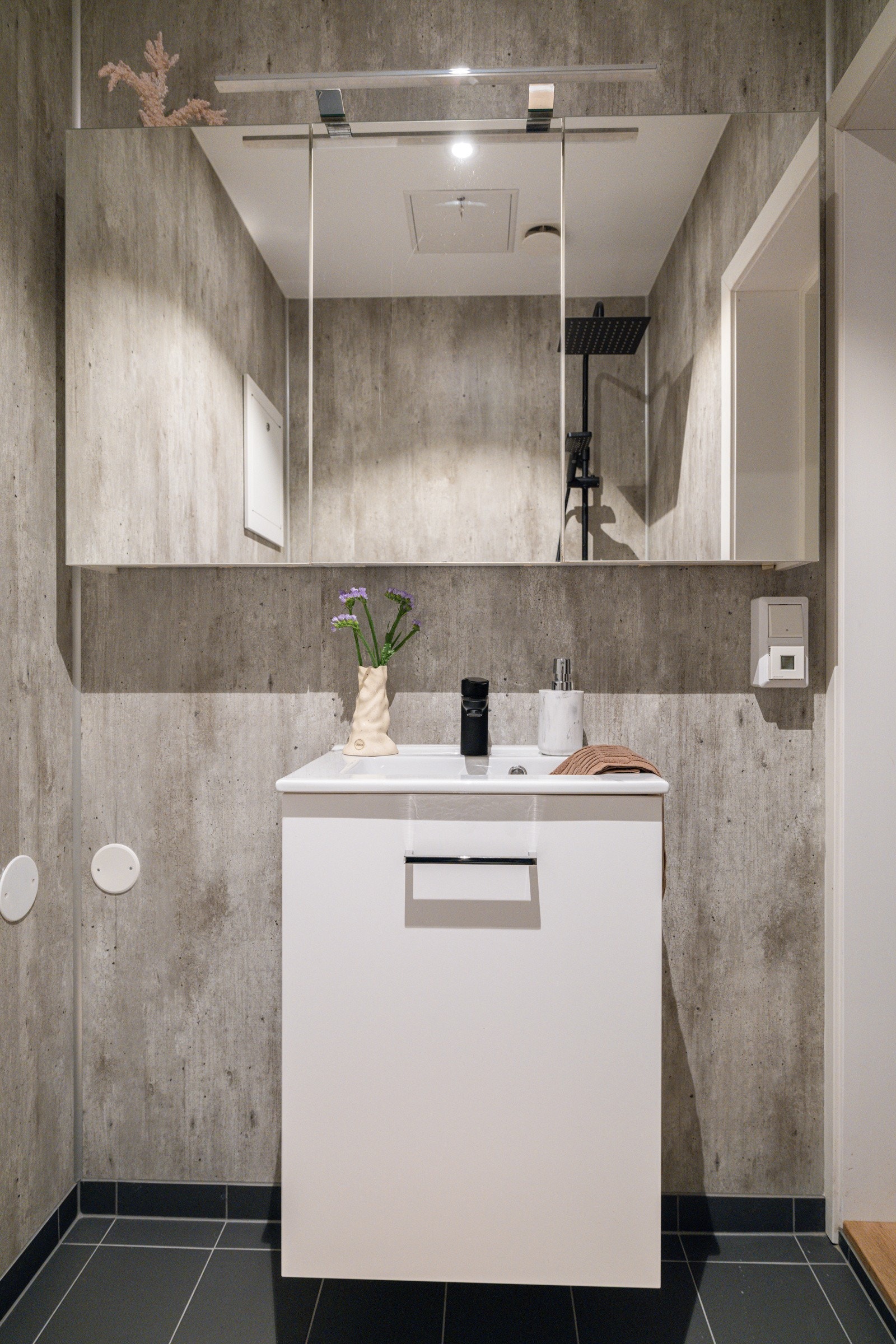 Lyst og moderne servantskap med sort armatur, stort vegghengt speilskap med belysning over. Galleribilde