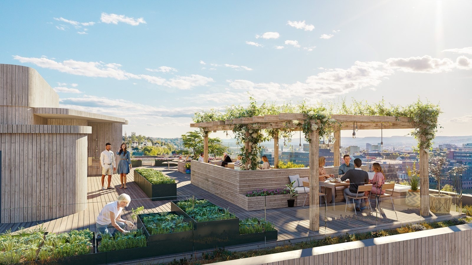 Illustrasjonsbilde av felles takterrasse med vakker utsikt Galleribilde