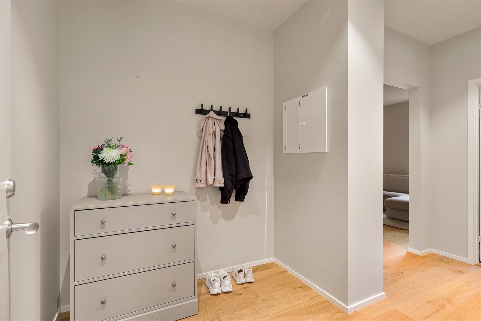 Entréen ønsker velkommen med downlights i himlingen og en brann- og lydklassifisert dør fra 2017. Galleribilde