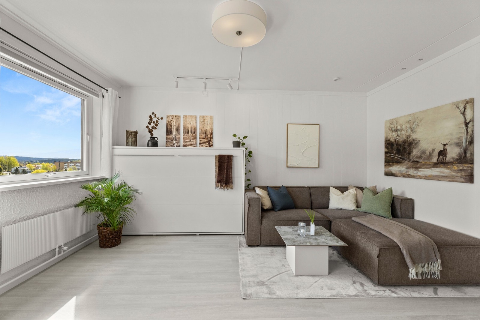 Det er montert en skapseng i stuen som enkelt vippes opp når den ikke er i bruk - Praktisk og pent! Galleribilde