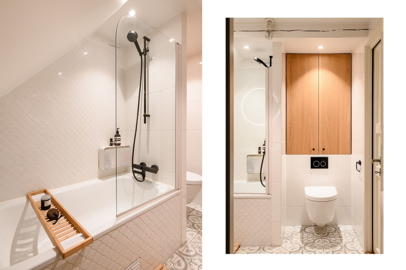 Badet er utstyrt med vegghengt toalett og en innfellbar dusjvegg i glass. Praktisk lagringsplass i plassbygget eikeskap over toaletten. Galleribilde