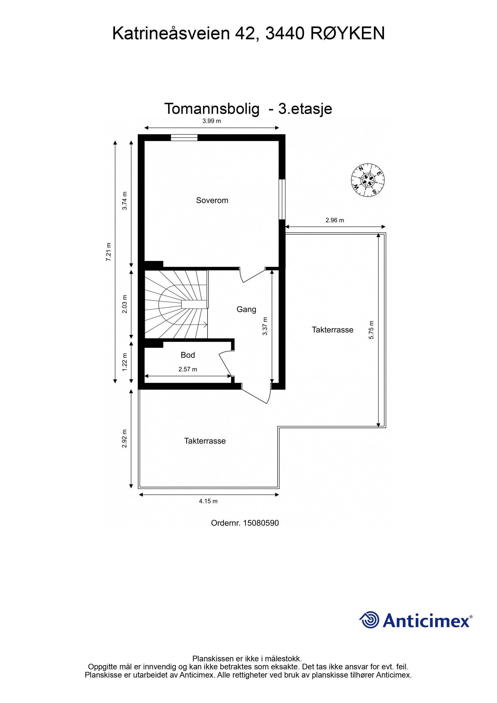 Plantegning - 3. etasje (soverom, bod, gang og takterrasse). Galleribilde