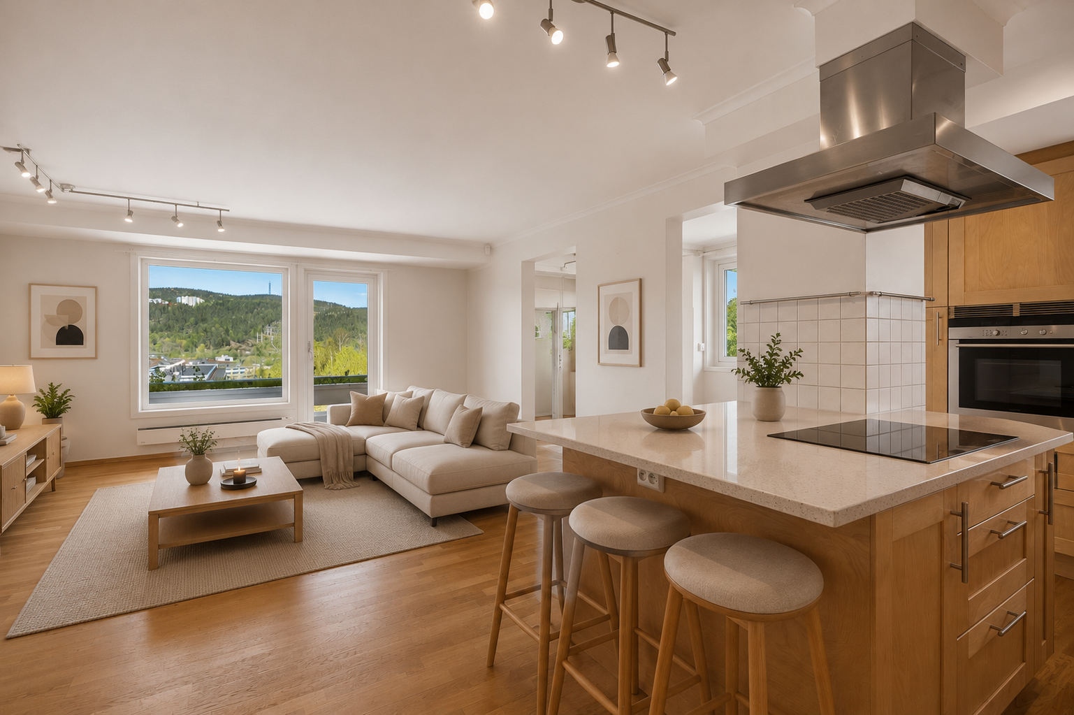Dette bilde i annonsen er digitalt stylet og KI-generert med bedre tilstand på gulvet. Møblene er satt inn for for å vise leilighetens potensial. Det tas forbehold om evt. avvik. Galleribilde
