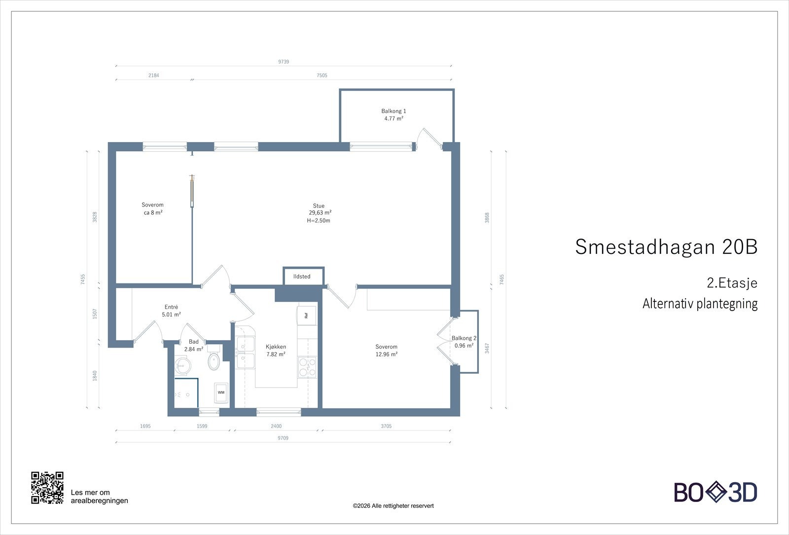 Alternativ plantegning, som viser plass til ekstra soverom til venstre for stuen. Galleribilde
