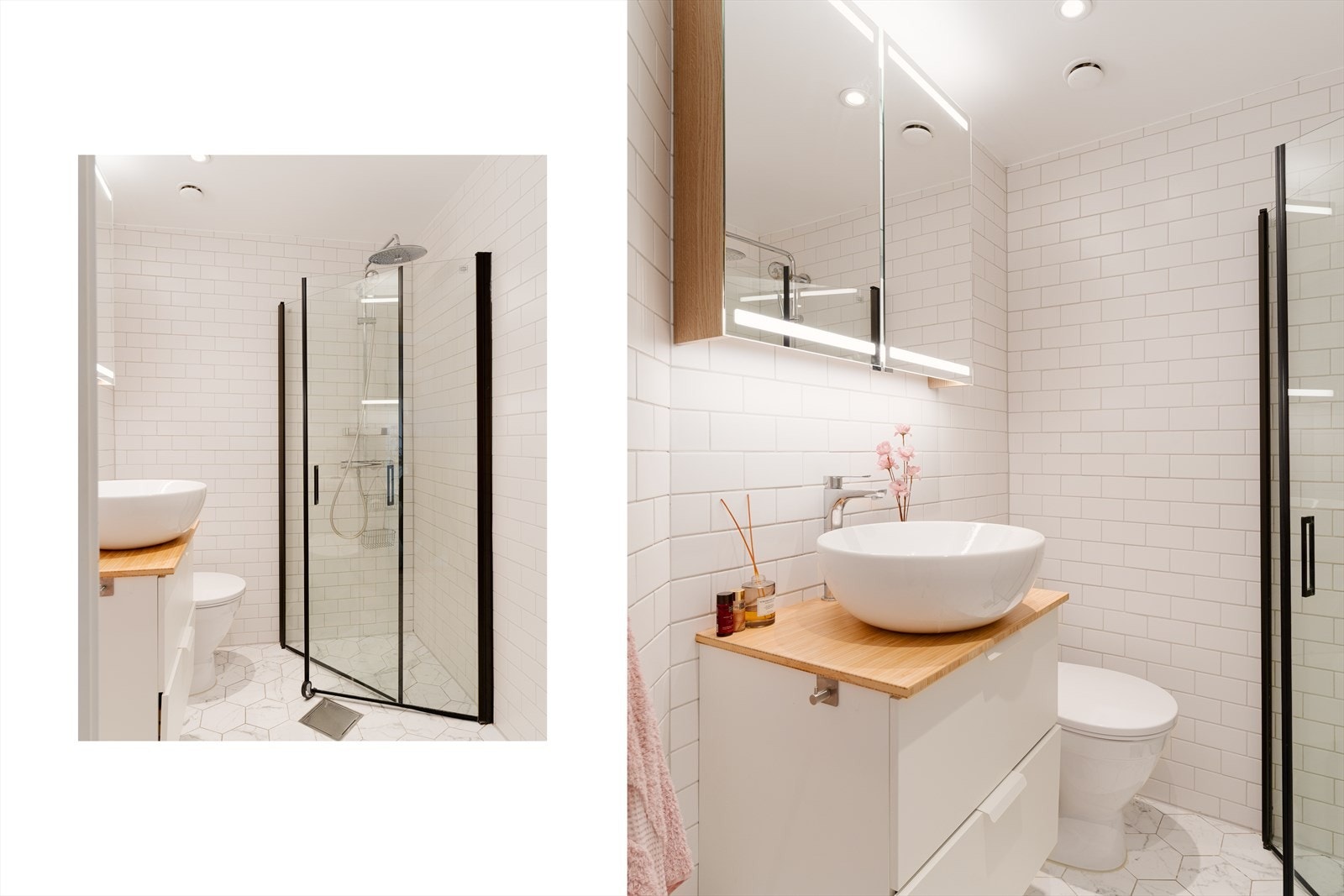 Badet ble i følge tidligere salgsoppgave oppgradert i 2018 med flis på flis på gulv og vegger, ny smøremembran på vegger, himling med innfelte spotter, nye baderomsmøbler, kraner, dusjarmatur og servant. Nytt klosett er installert 2023. Galleribilde