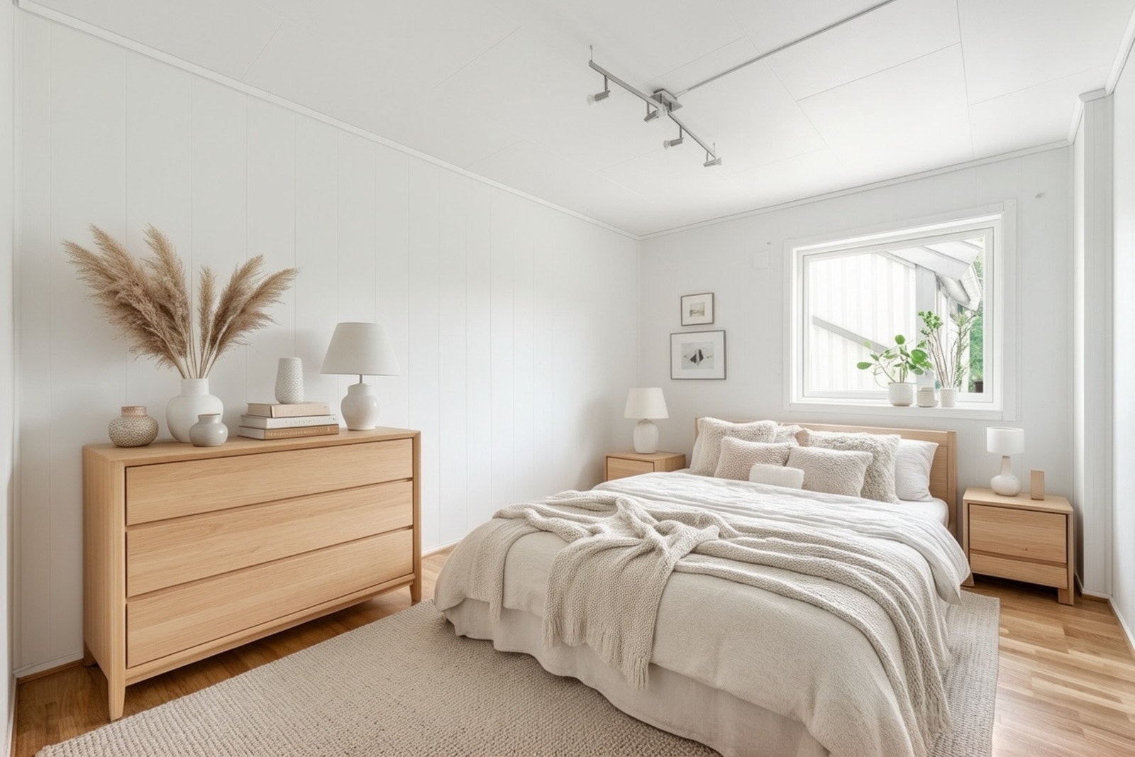 Rommet har god plass til garderobeløsning, dobbeltseng, nattbord og annet møblement. Galleribilde