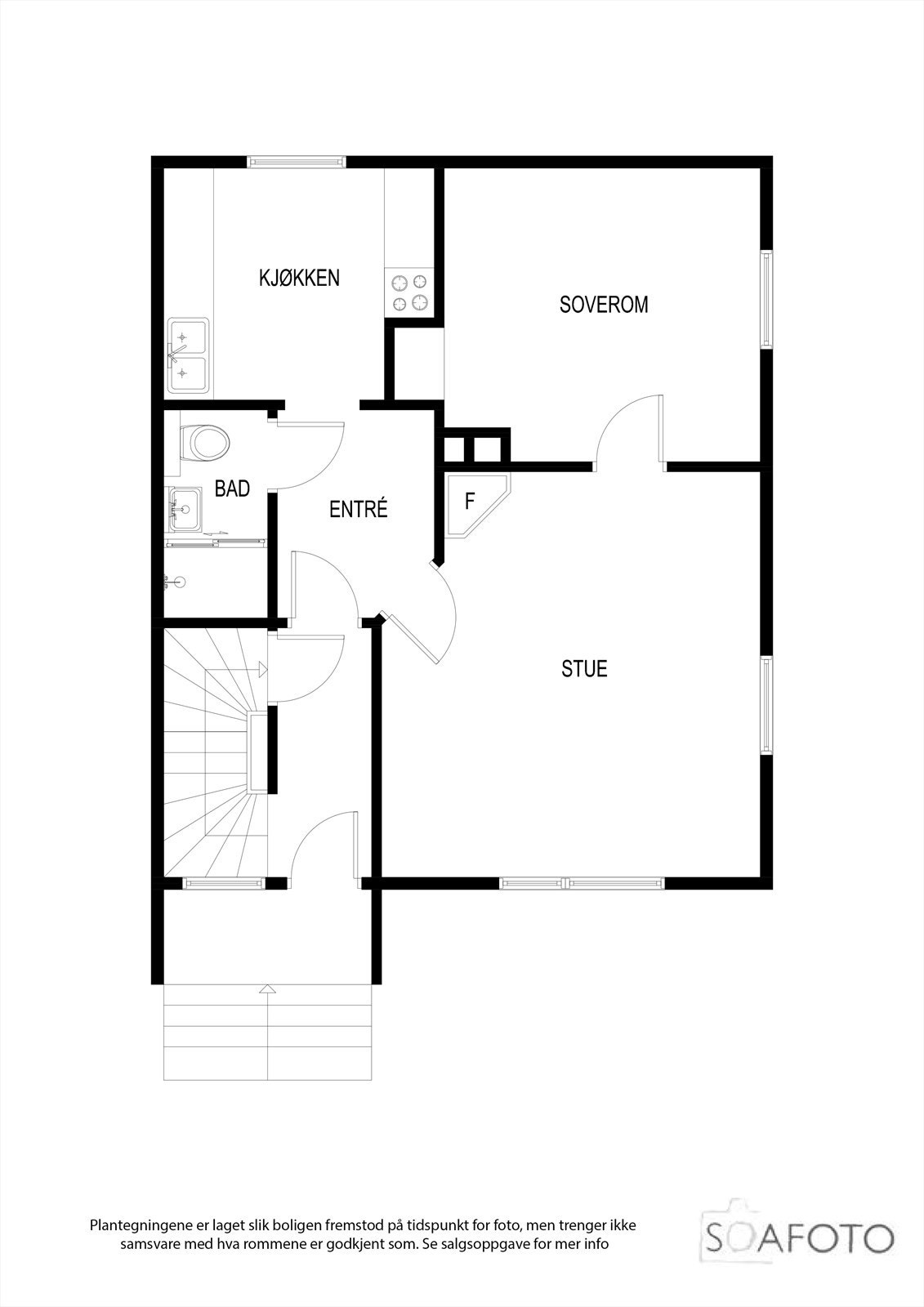 Leiligheten inneholder entré, bad, kjøkken, stue og ett soverom, alt samlet på ett plan. Galleribilde