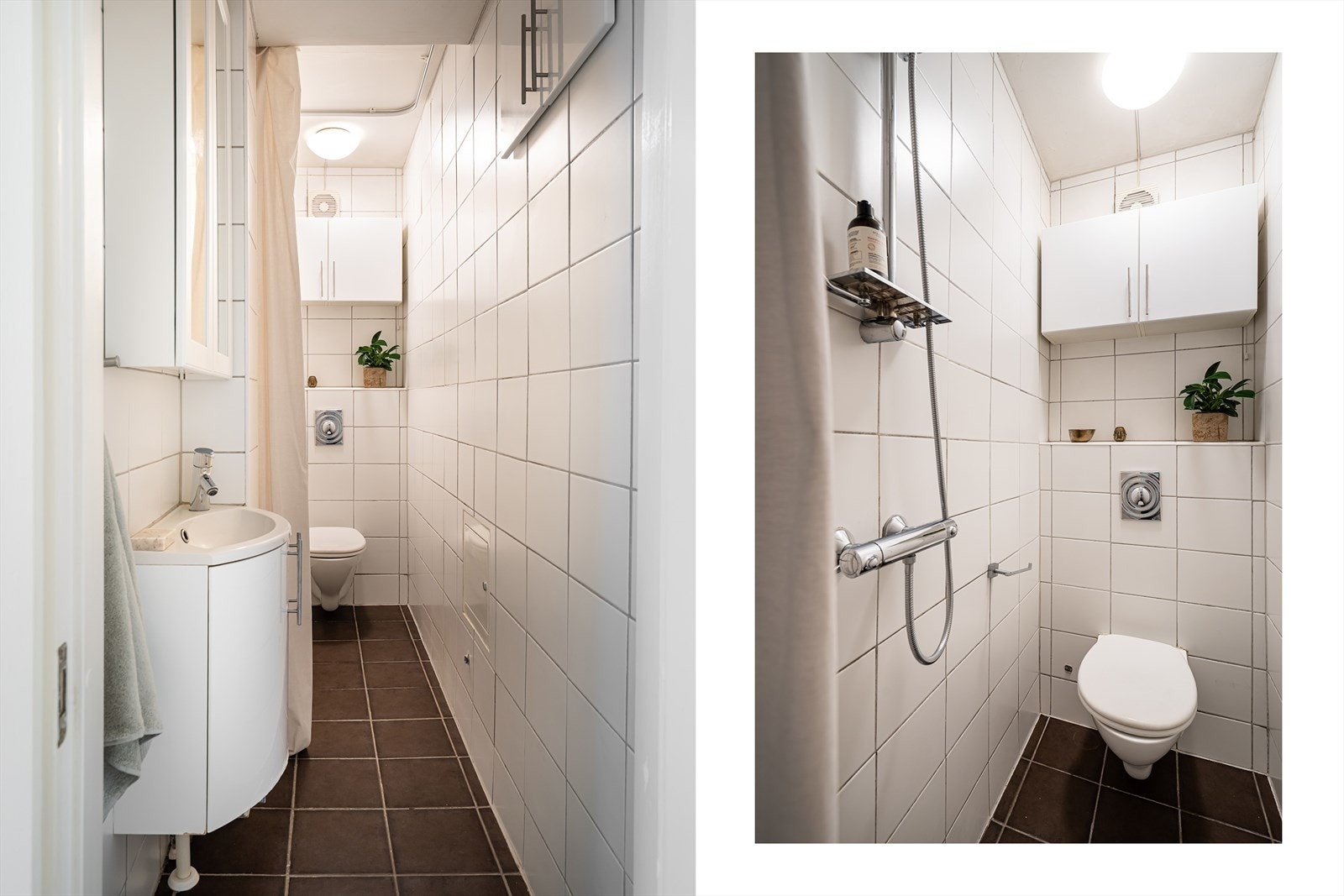Badet er utstyrt med vegghengt toalett, dusjnisje og et moderne rør-i-rør-system. Galleribilde