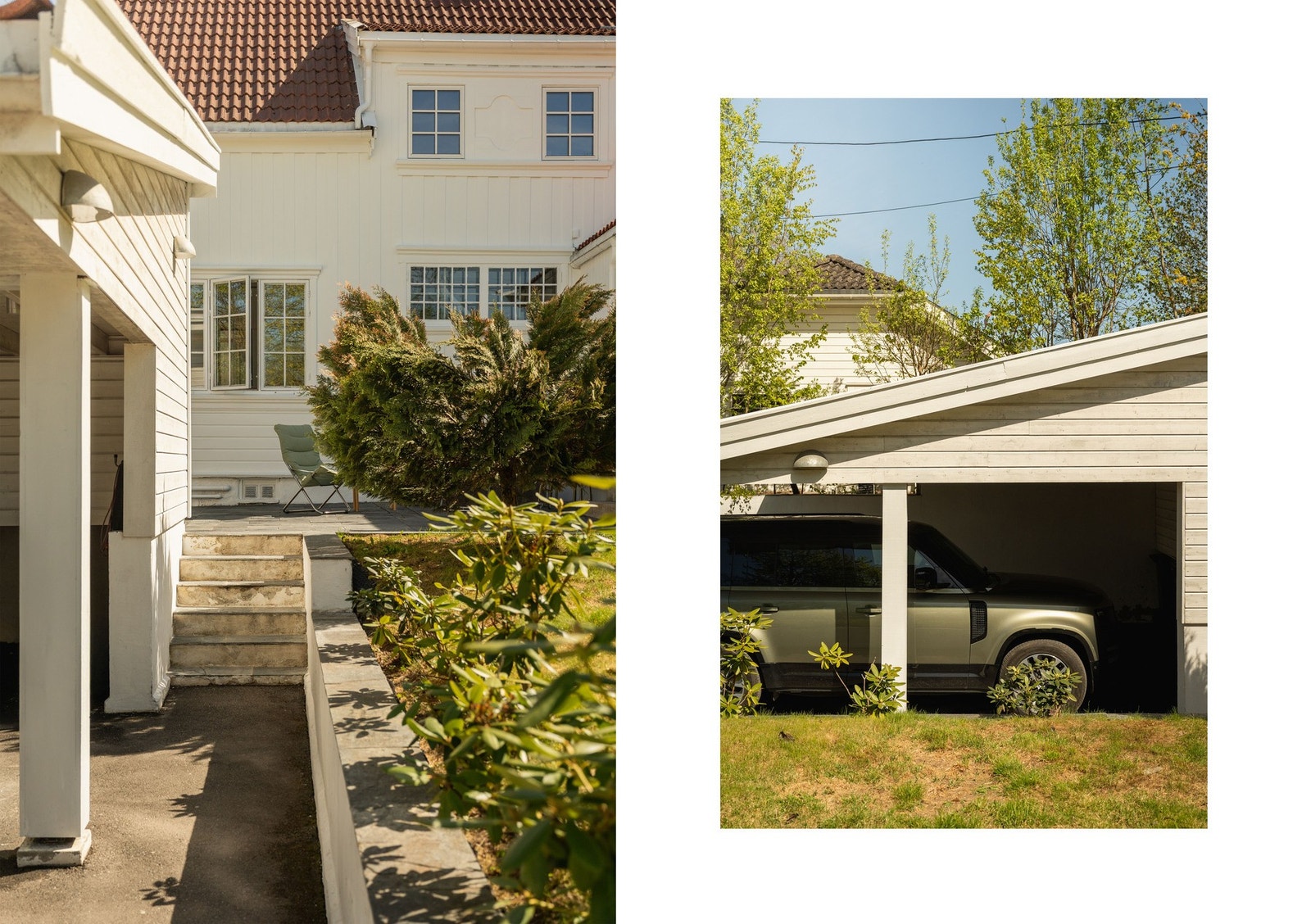 Carport med plass til to biler under tak gir en praktisk og diskret parkeringsløsning som harmonerer godt med husets arkitektur. Galleribilde