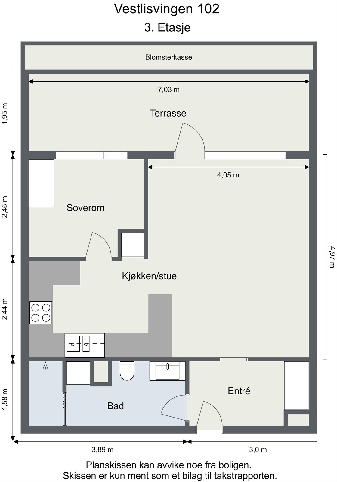 Leiligheten har en arealeffektiv planløsning med en åpen sosial sone, ett soverom og en ekstern bod for ekstra lagring. Galleribilde