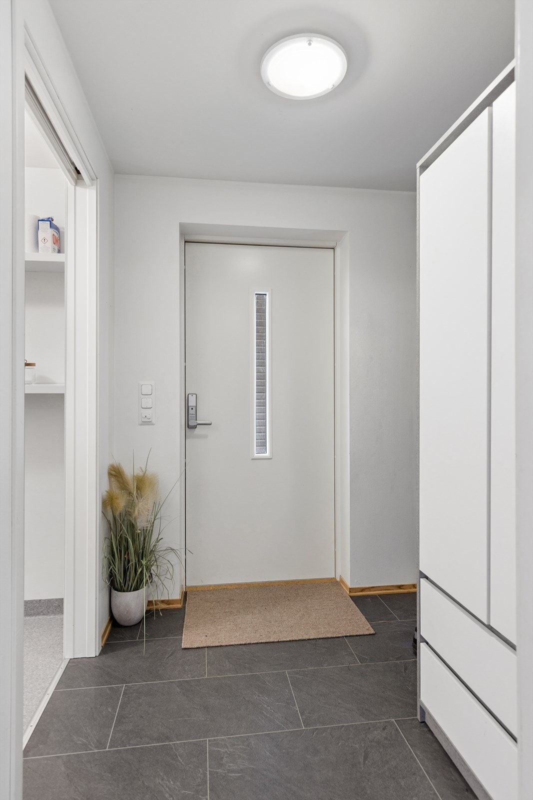 Entréen har slitesterke laminatfliser med gulvvarme og en nyere ytterdør. Galleribilde