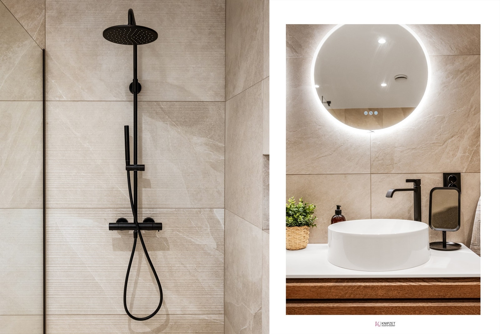 Detaljer fra det nye badet, med vegghengt dusjarmatur som inkluderer både hånddusj og regndusj. Galleribilde