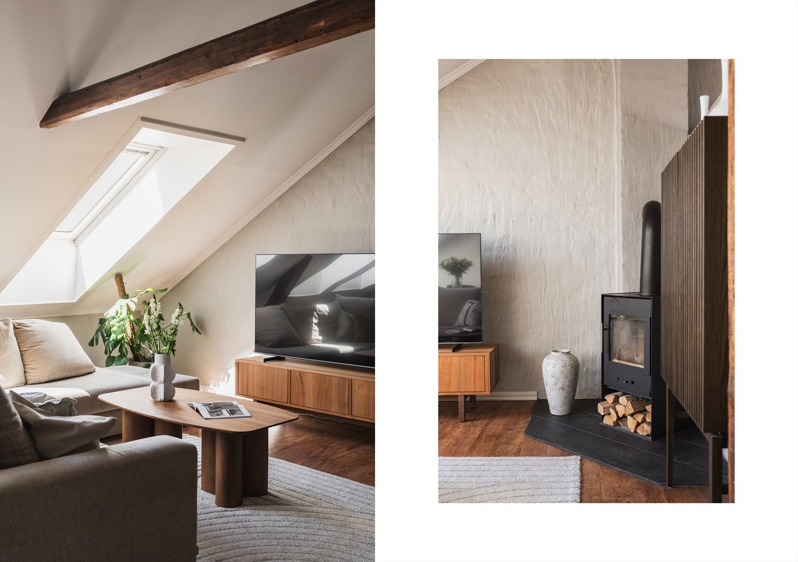 Peisovnen er plassert på gulv og er et sentralt element i stuen. Galleribilde
