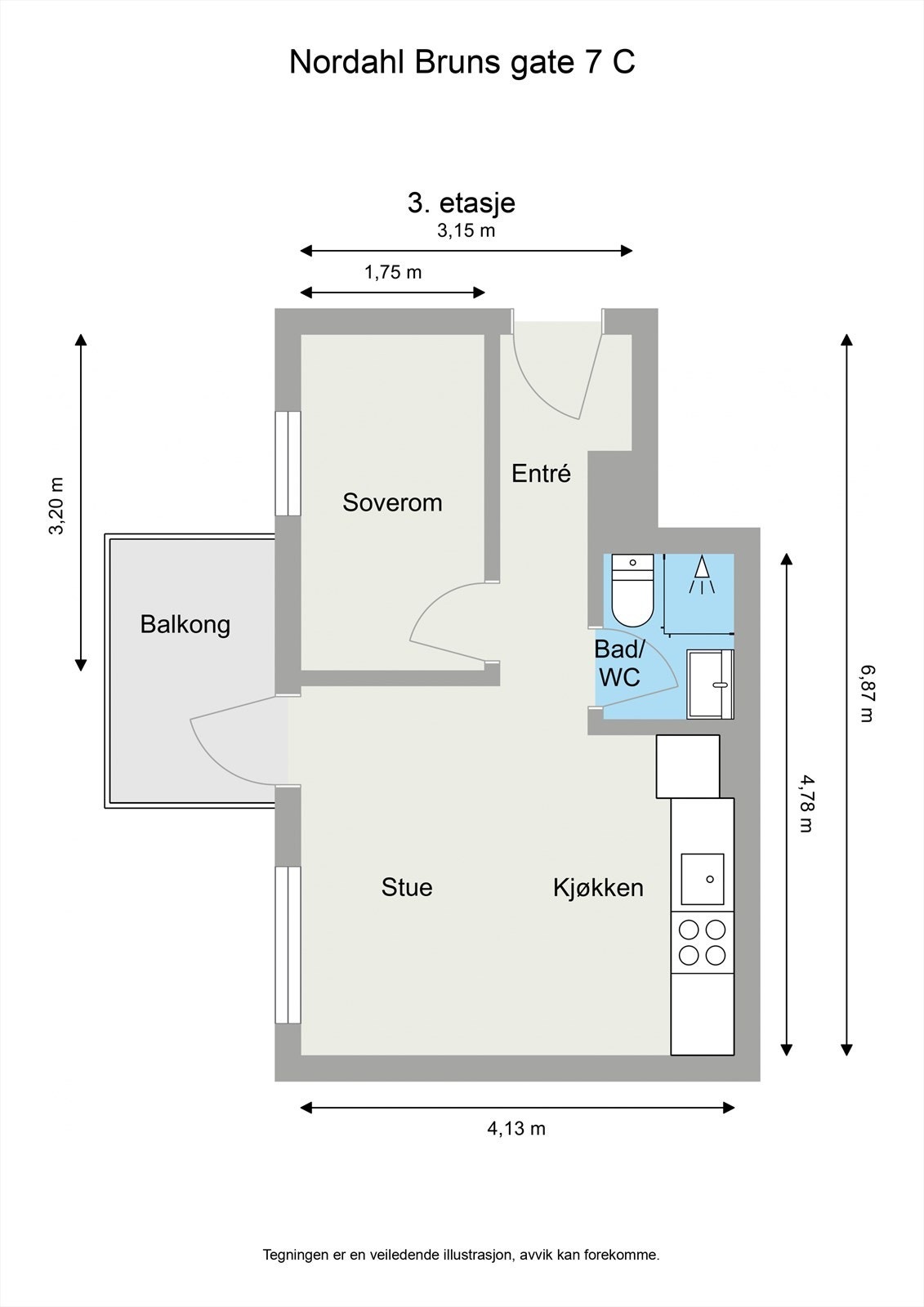 Leiligheten ligger i 3.etasje og har en praktisk planløsning som inneholder entré, bad/wc, soverom, kjøkken og stue med utgang til balkong. I tillegg disponerer leiligheten en kjellerbod på 4 m². Galleribilde