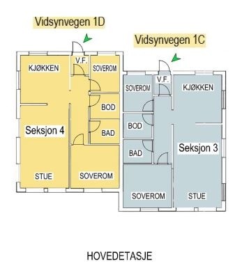 Ledig leilighet i Vidsynvegen 1 D, vist med gul farge. Galleribilde