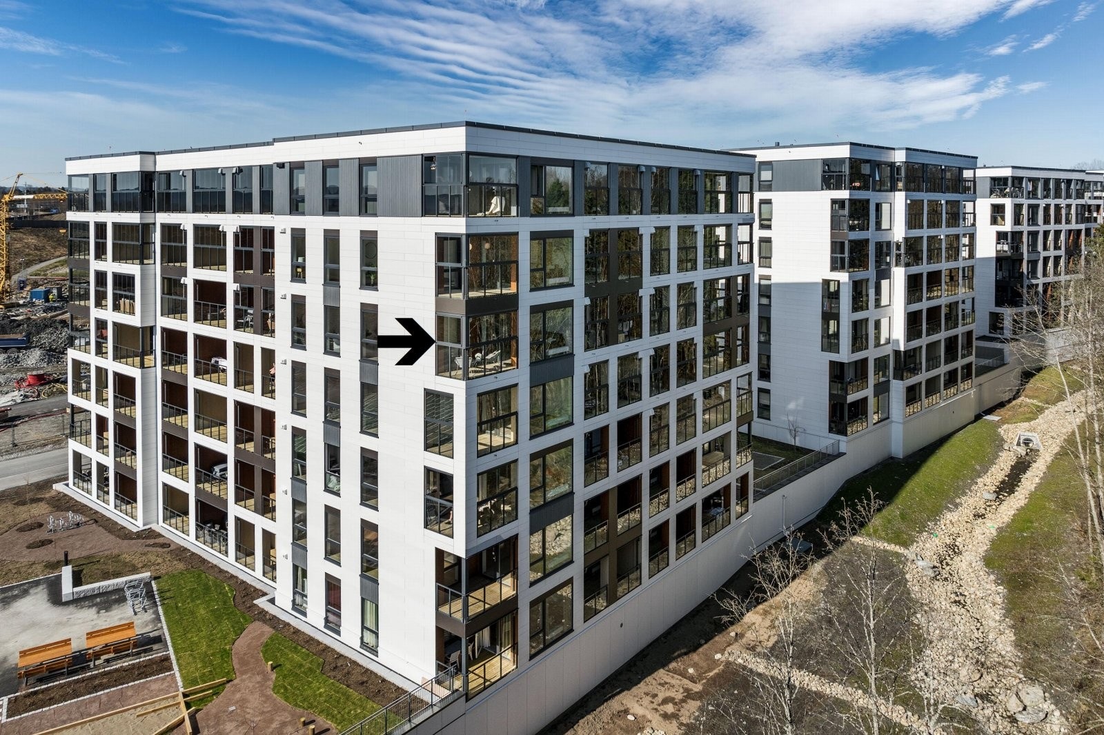 Leilighet M504 har en god internbeliggenhet i bygget, vendt mot skogen. Galleribilde
