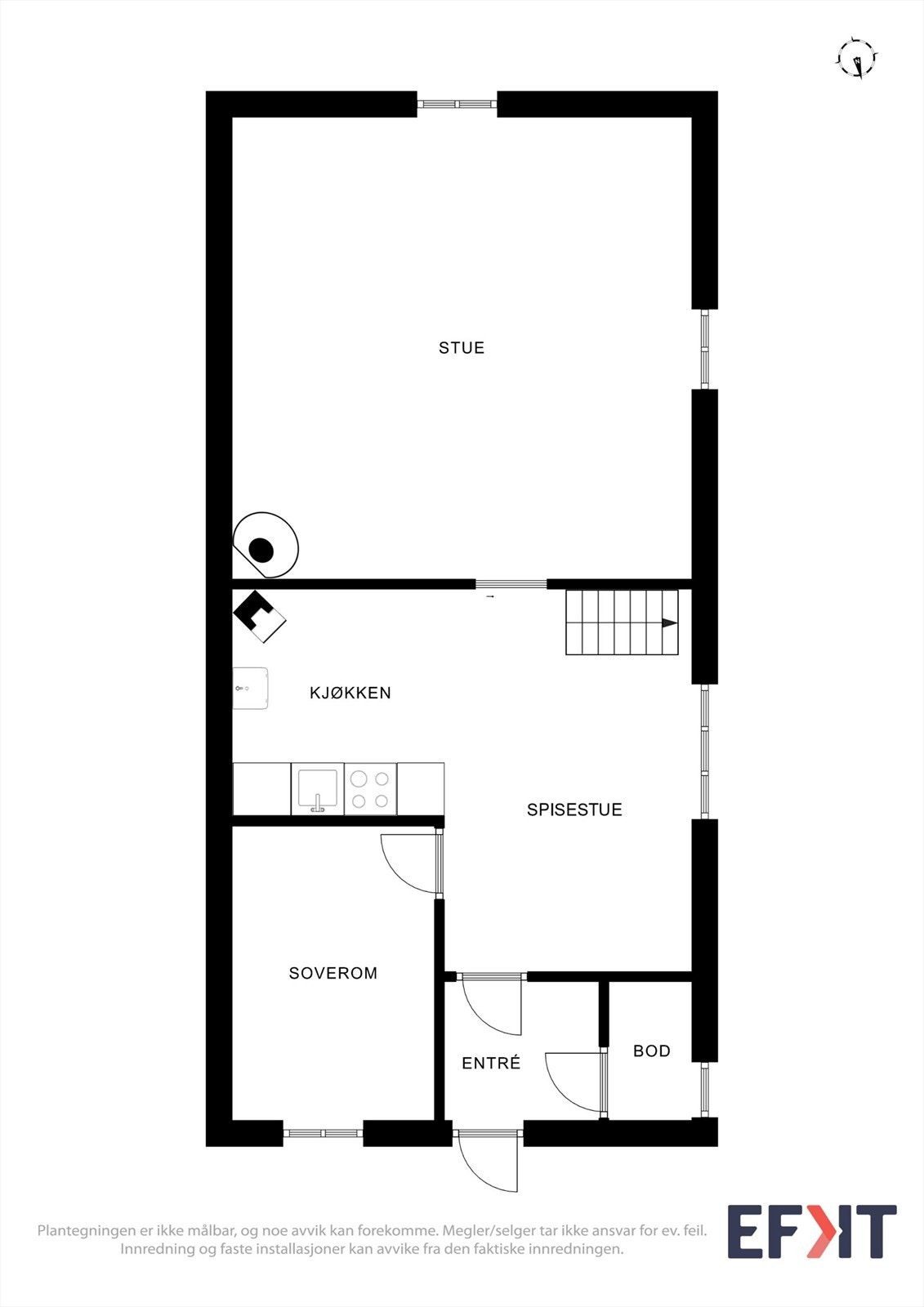 Første etasje har et bruksareal på 59 m² og inneholder entré, bod, kjøkken, stue og ett soverom. Galleribilde