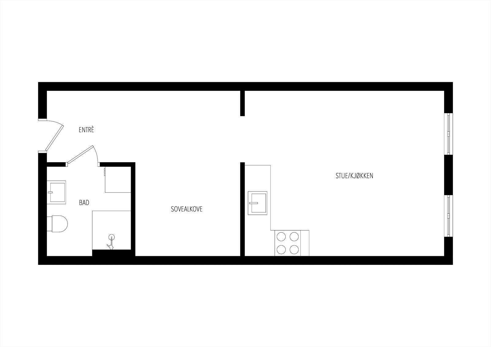 Denne planløsningen viser leilighetens effektive interne bruksareal på 30 m², fordelt på gang, sovealkove, stue, kjøkken og bad/vaskerom. Galleribilde