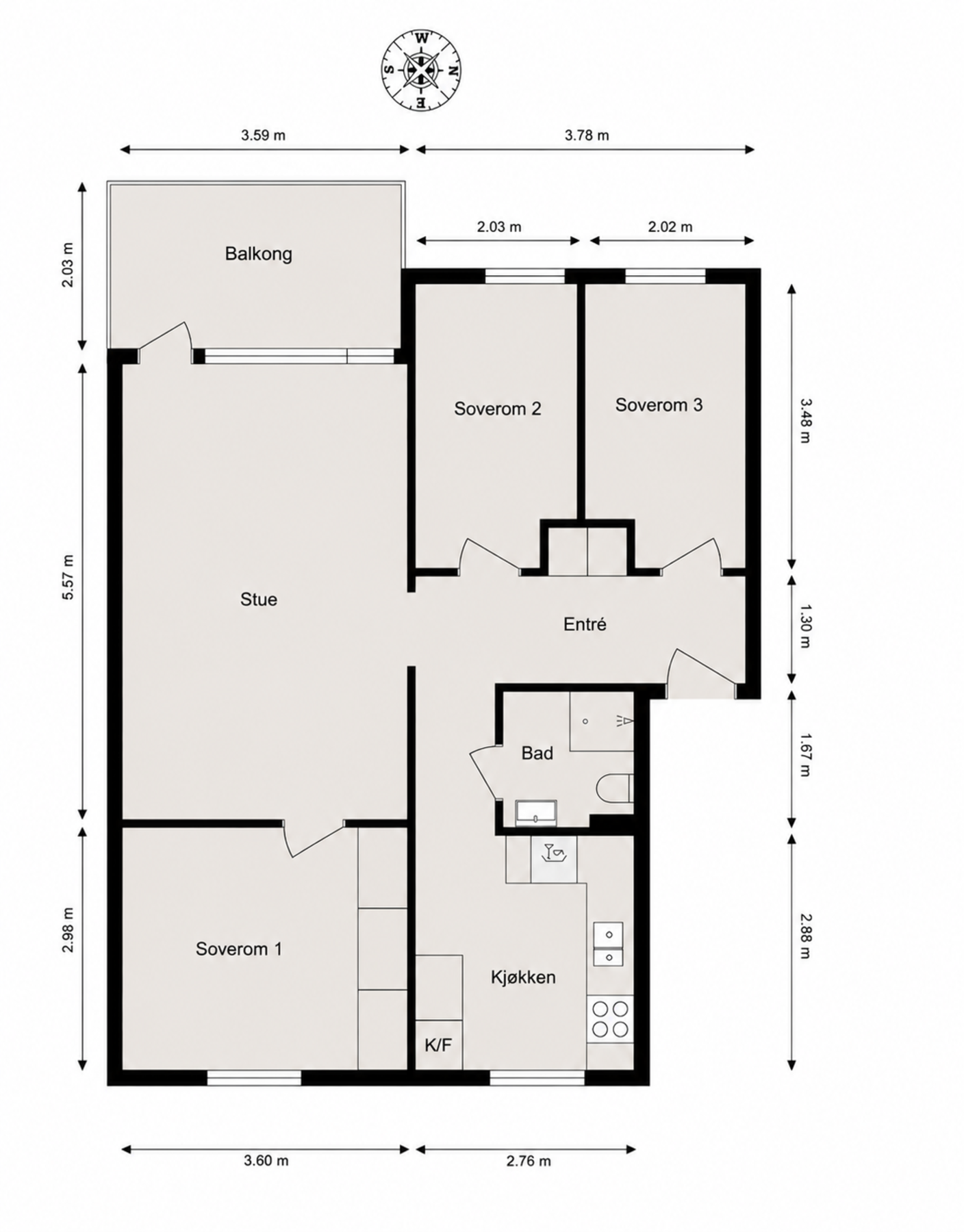 Plantegning. I tillegg disponerer leiligheten en kjellerbod på 3,6 m2, samt en loftsbod med et gulvareal på ca. 32 m2. Galleribilde