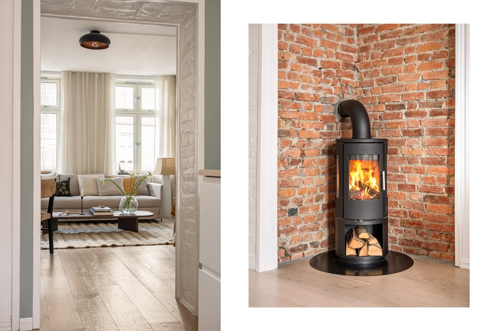 En moderne peisovn sørger for knitrende hygge og varme når gradestokken kryper nedover. Det er også varmekabler i alle rom foruten det minste soverommet og inngangsparti. Galleribilde