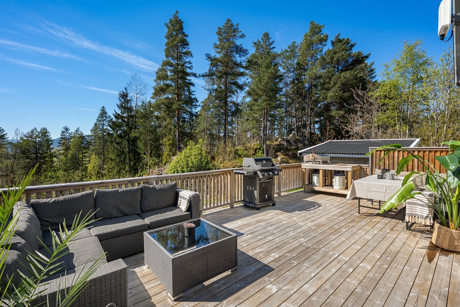 Her er det god plass til både loungegruppe og grill, med utsikt mot skog og mark. Galleribilde