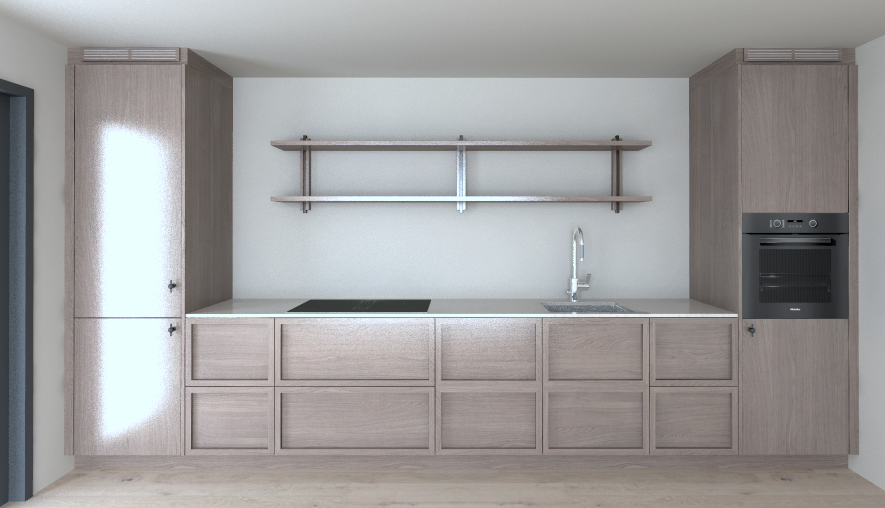 Kvänum. Innredningen leveres komplet med hvitevarer fra Miele, benkeplate i Caesarstone kompositt og blandebatteri fra Treemme. Kjøkkenmodellen Liljenkrantz med fronter i fargen Hazel kombinert med hylle på veggen over benkeplate. Kun illustrasjon. Galleribilde