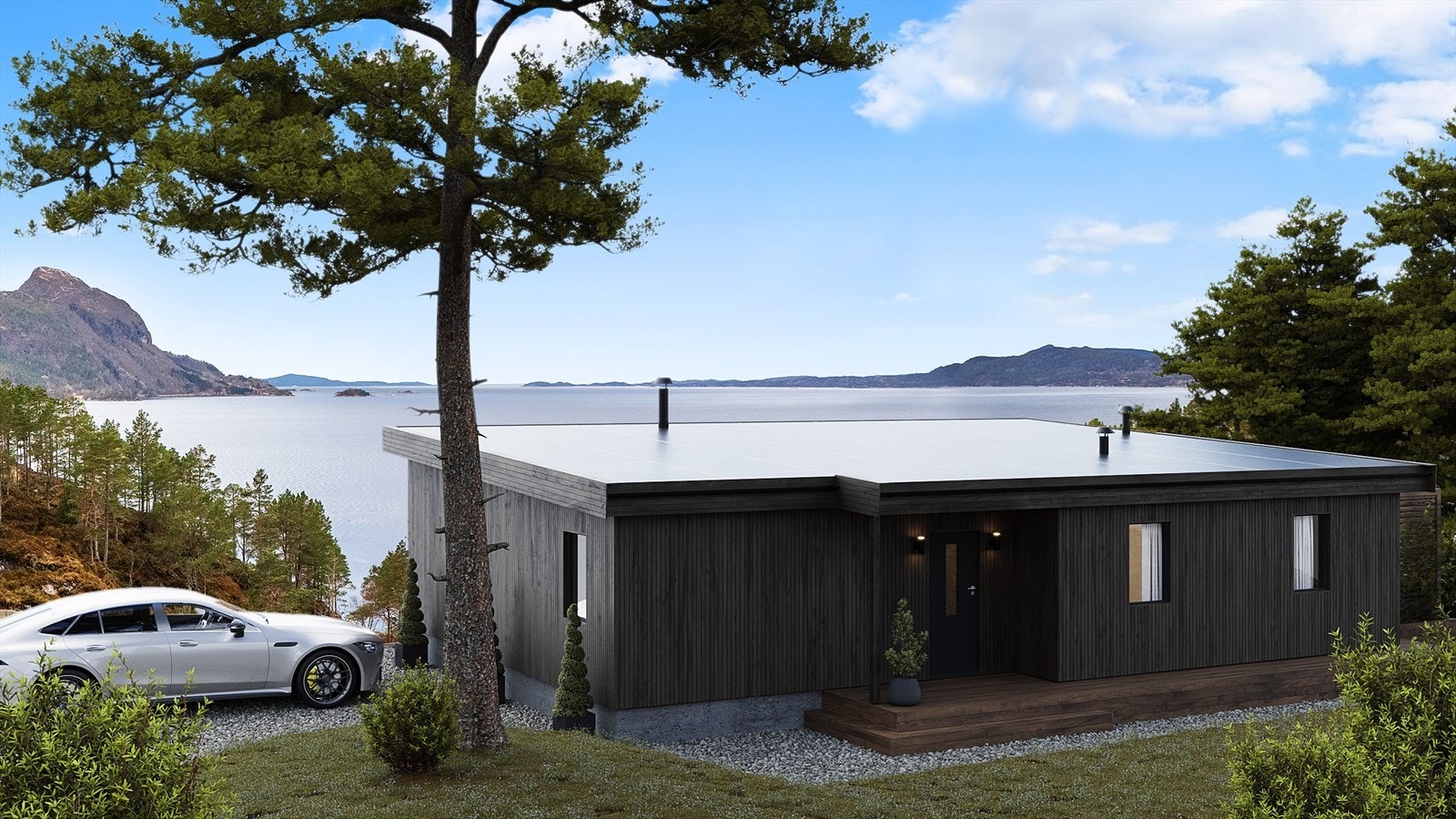 Dette er en illustrasjon av hytta som er omsøkt og godkjent, med den reelle utsikten fra eiendommen. Galleribilde