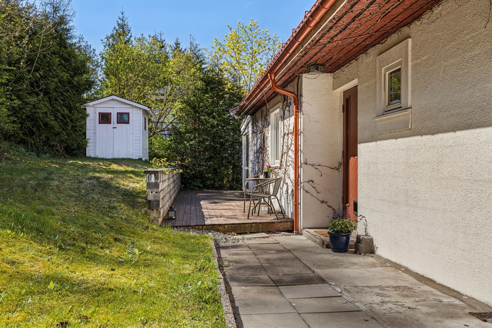 Uteplass ved inngangspartiet med gressplen og adkomst til hagen. Galleribilde
