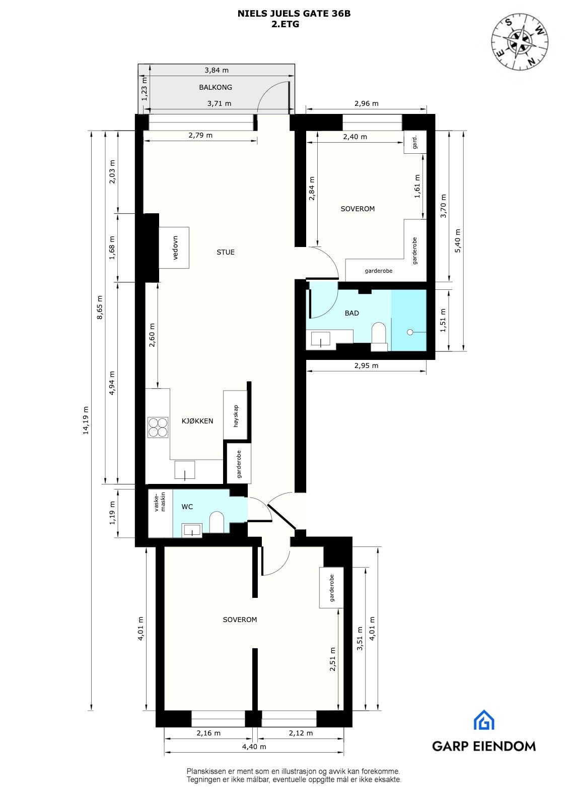 En effektiv og gjennomgående planløsning fordeler 73 kvadratmeter på entré, stue, kjøkken, to soverom, bad og et separat toalett. Galleribilde