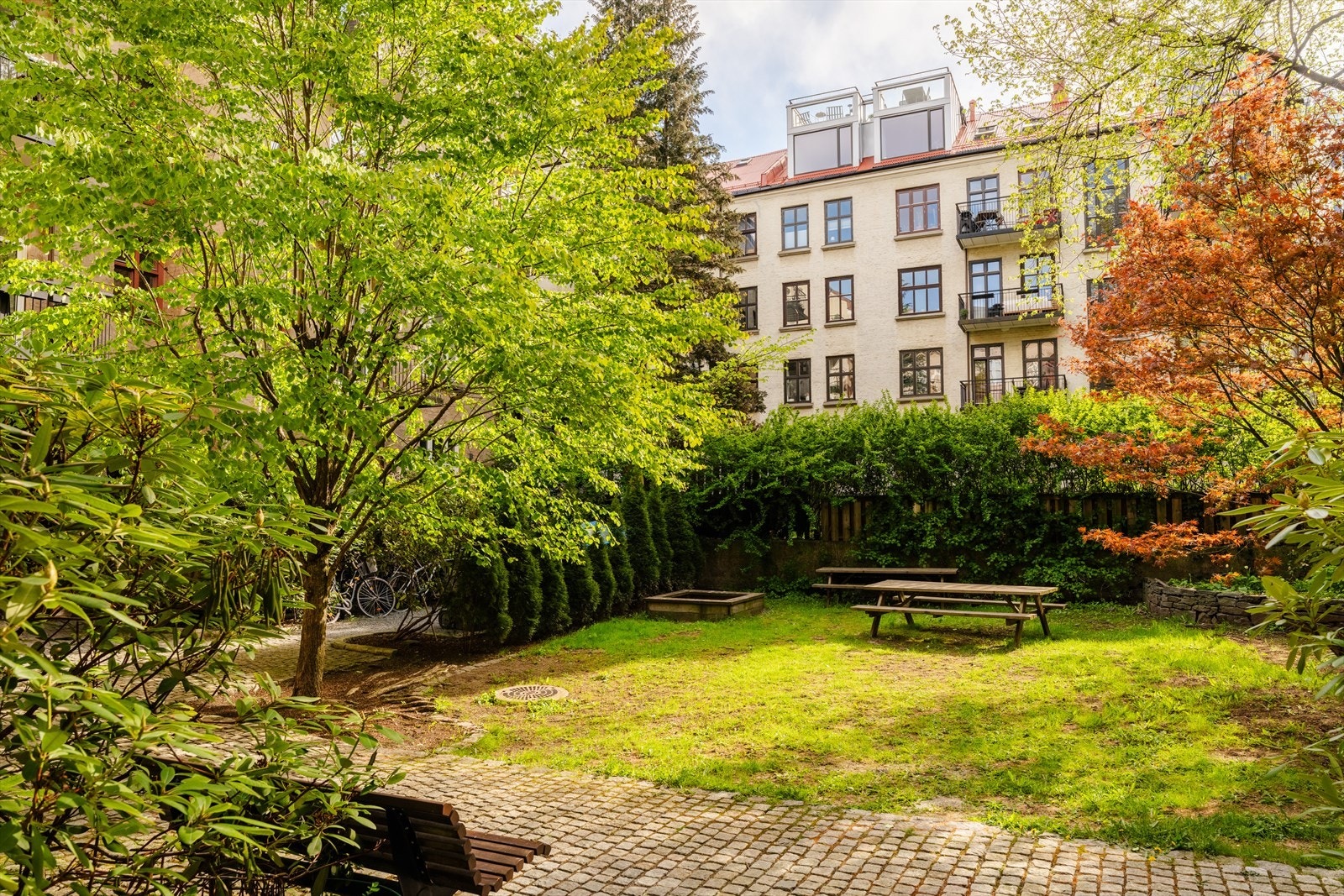 Hyggelig felles bakgård med sittegrupper og plen. Galleribilde
