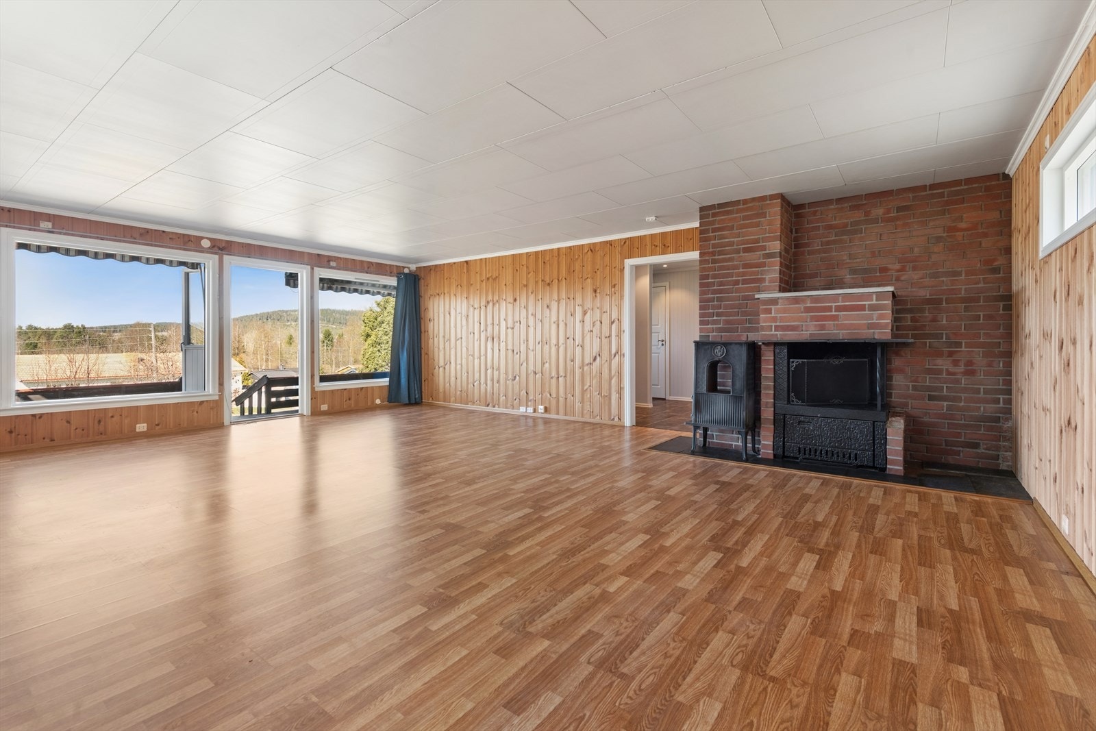 Det er peis og vedovn i stuen. Galleribilde
