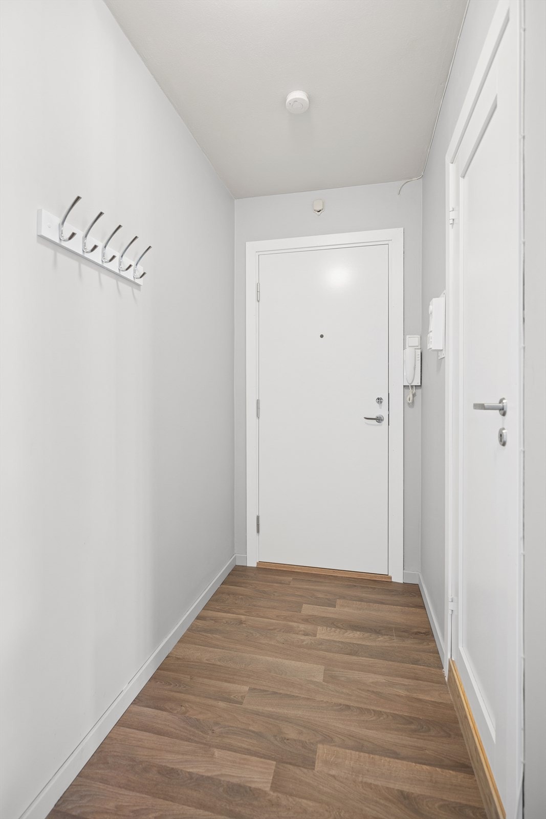 Entré med plass til oppbevaring av ytterklær og sko. Callinganlegg på siden av dør. Galleribilde