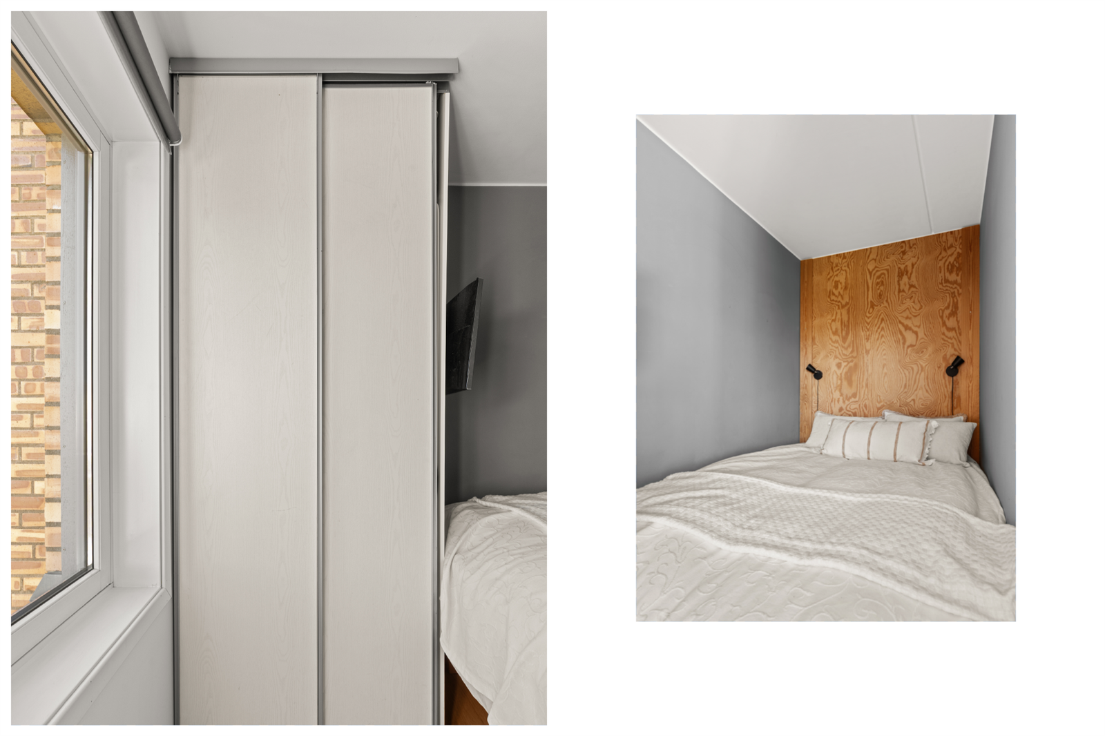 Lagring i praktisk, medfølgende skyvedørsgarderobe. Galleribilde