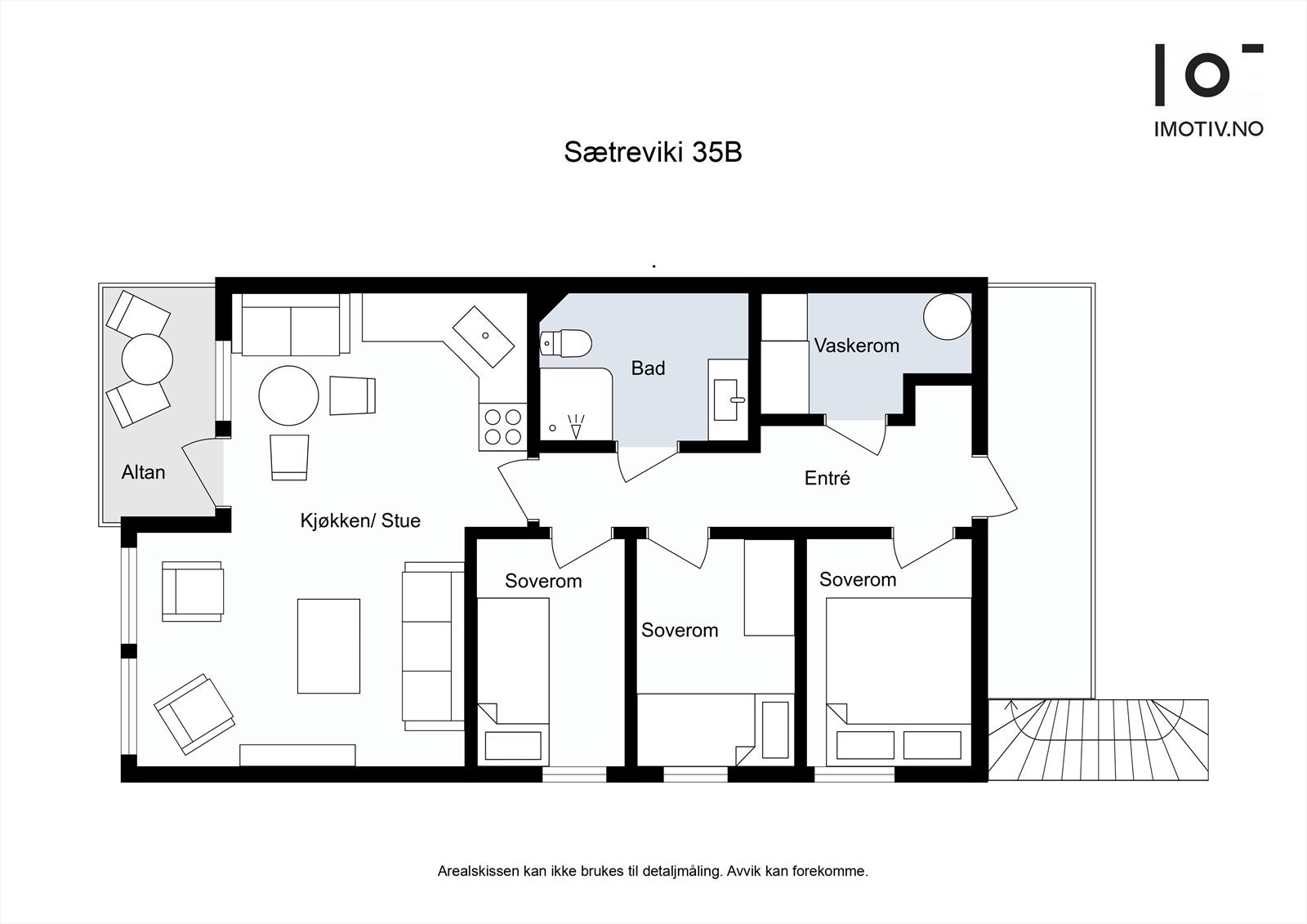Leiligheten har en arealeffektiv planløsning over ett plan, med tre soverom, bad og en åpen sone for stue og kjøkken. Galleribilde