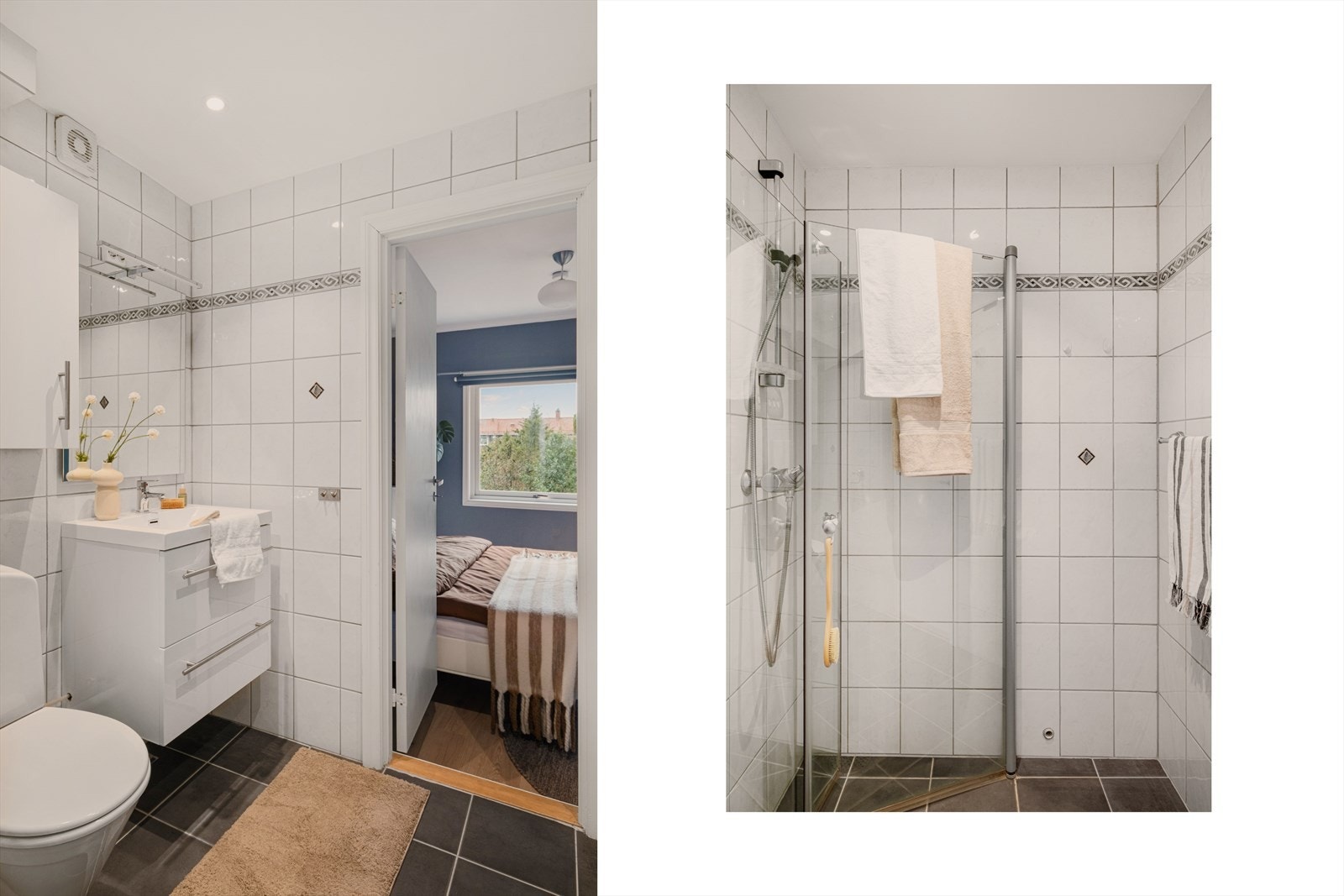 - Badet er innredet med heldekkende servant, overskap, speil m/belysning og dusjhjørne - Galleribilde